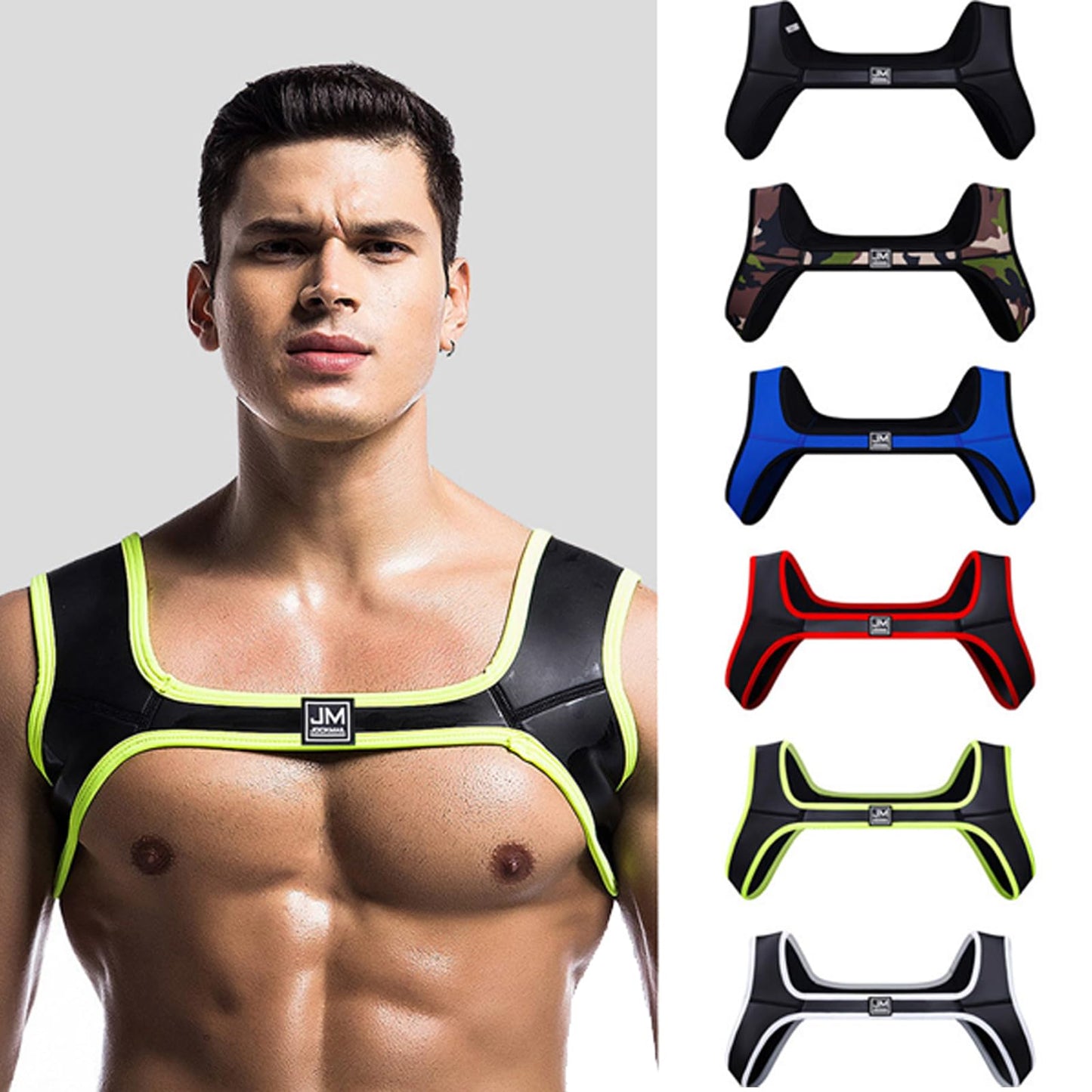 JOCKMAIL Men's Neoprene Harness - Elastic Shoulder Strap, Muscle Chest Harness (US, Alpha, Small, Medium, Regular, Black)