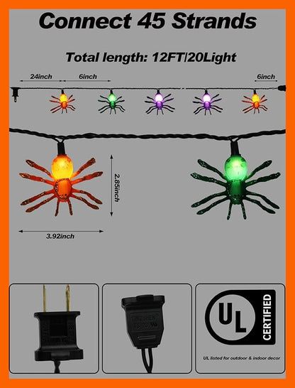 Halloween Spider Lights, 12ft 20 LED Plug in Glitter Spider String Lights, UL Certified, for Indoor Outdoor Halloween Decorations, Party, Porch, Yard