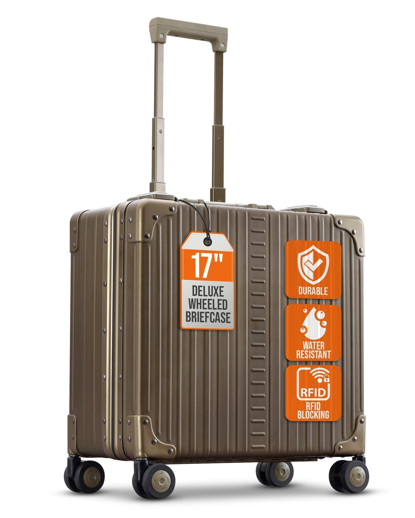 All Aluminum Lightweight 17" Deluxe Rolling Laptop Catalog Case for Men and Women | Vertical Opening Carry-On Bag with TSA Locks & Aircraft-Grade Aluminum Frame - Optimal Travel Companion (Champagne)