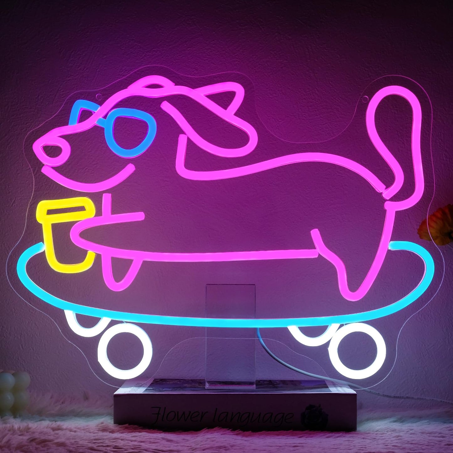 Runalosa Skateboarding Dachshund Neon Sign Dimmable Skateboard Dog Neon Light Sign for Wall Decor Cute Led Signs for Bar Cafe Party Bedroom Pet Shop Kids Room Decor Birthday Gift 16.5" x 12.2"