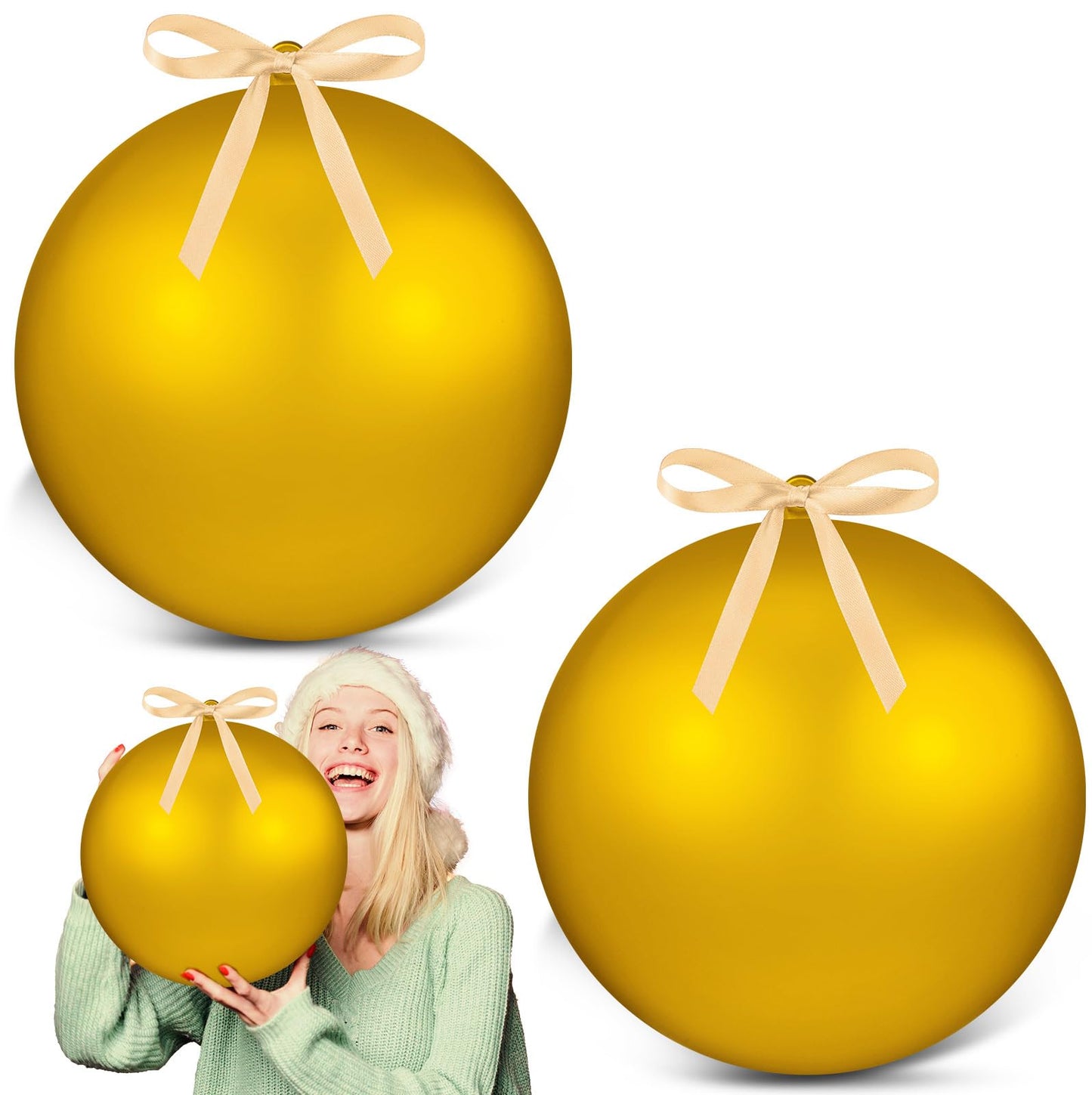 Zubebe 2 Pcs 8" Giant Fillable Christmas Ornaments with Ribbons Oversized Plastic Xmas Balls for Outdoor Lawn Yard Decor, Tree Hanging, Holiday Gifts(Matte Gold)