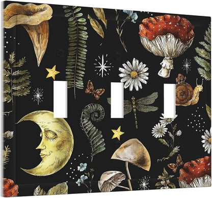 Nature Plant Botanical Daisy Mushroom Snails And Moon 3 Gang Wall Plates Decorative Triple Toggle Light Switch Cover Electrical Switchplate Unused Decorate Faceplate for Bathroom Home