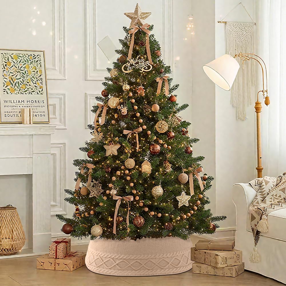 Teeanzo Christmas Tree Collar Skirt,Knitted Beige Diamond Edge Cable Stand Farmhouse Rustic Tree Ring for Artificial Christmas Tree Base Cover Holiday Home Party Decoration