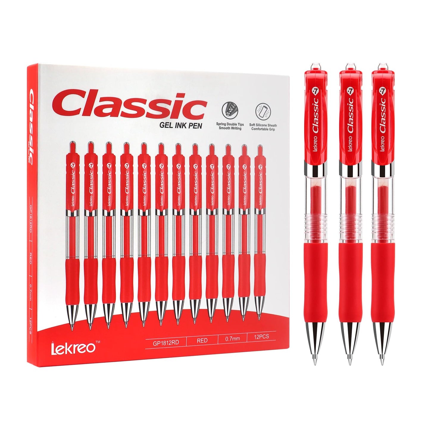 Classic Retractable Gel Roller Pens, 0.7mm Fine Point, Red Ink (Red - 12 Packs)