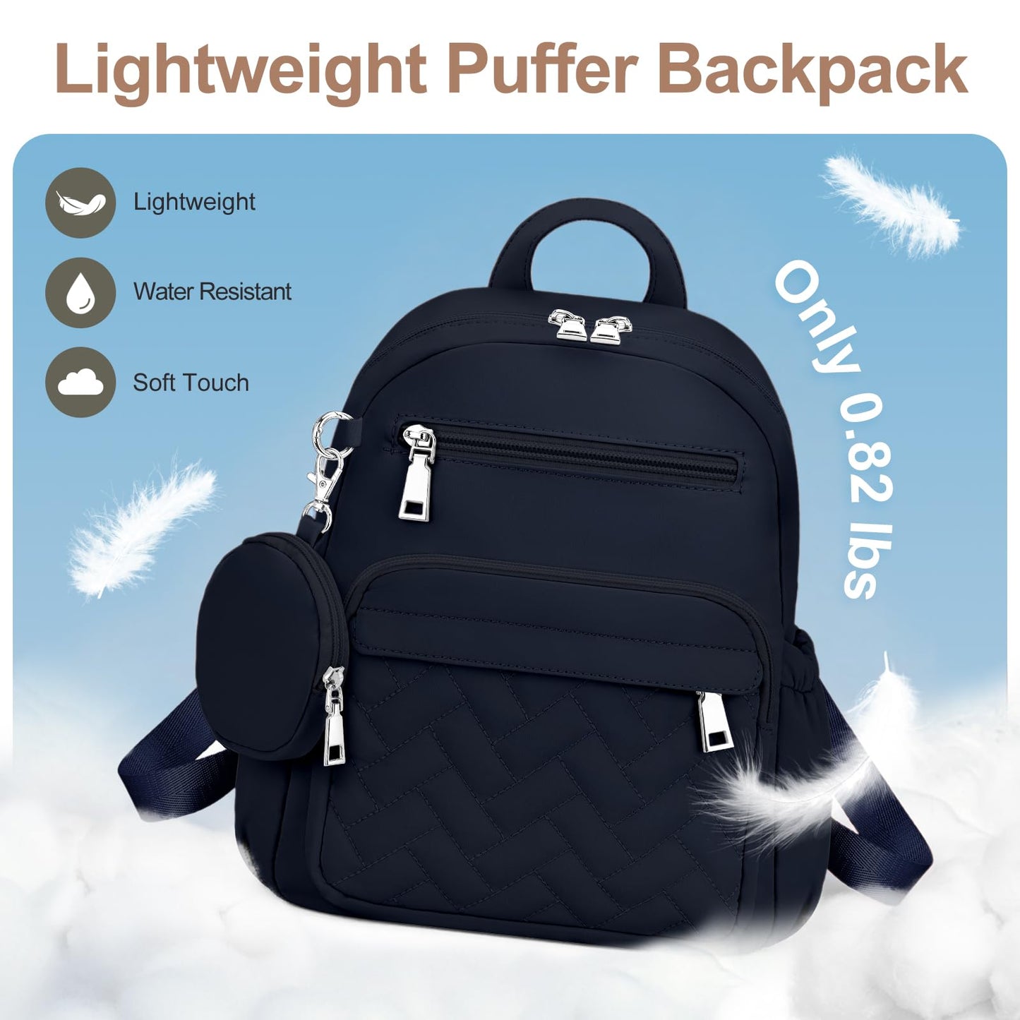 SYTRAH Mini Backpack for Women Small Backpack Purse, Anti Theft Backpack Waterproof Lightweight Puffer Back packs for Travel, Work with Coin Purse Dark Blue