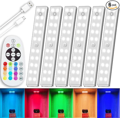 LED Under Cabinet Lighting Wireless, Dimmable LED Closet Light Rechargeable, Remote Control Kitchen Counter Lighting 15 Color Changing RGB Bar Perfect for Bedroom Indoor Pantry Shelf, 6 Pack