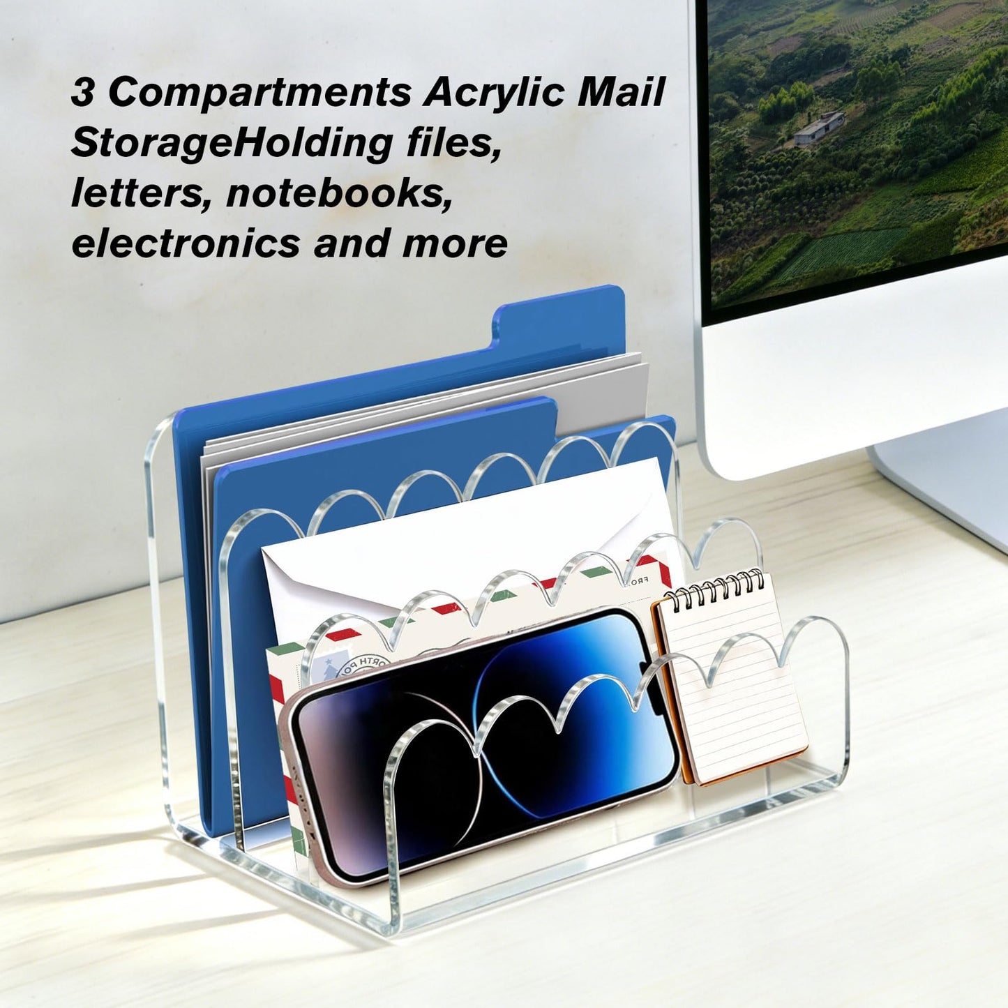 Cryozeo Clear Acrylic Mail Organizer,3 Compartments Letter Holder for Desk, Vertical Acrylic Mail Sorter, Desk Organizer for Letters, Envelope, Bills, Stationery