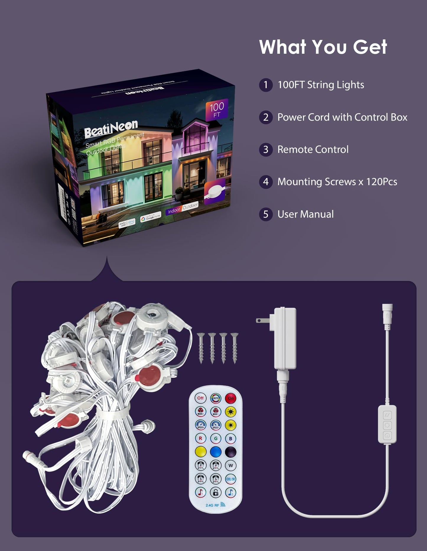 Permanent Outdoor Lights, 100ft with 60 RGB+IC LED Lights for House, 75 Scene Modes, IP68 Waterproof Eave lights Compatible with Alexa, Google Assistant for Halloween, Christmas, Outdoor Daily Decor
