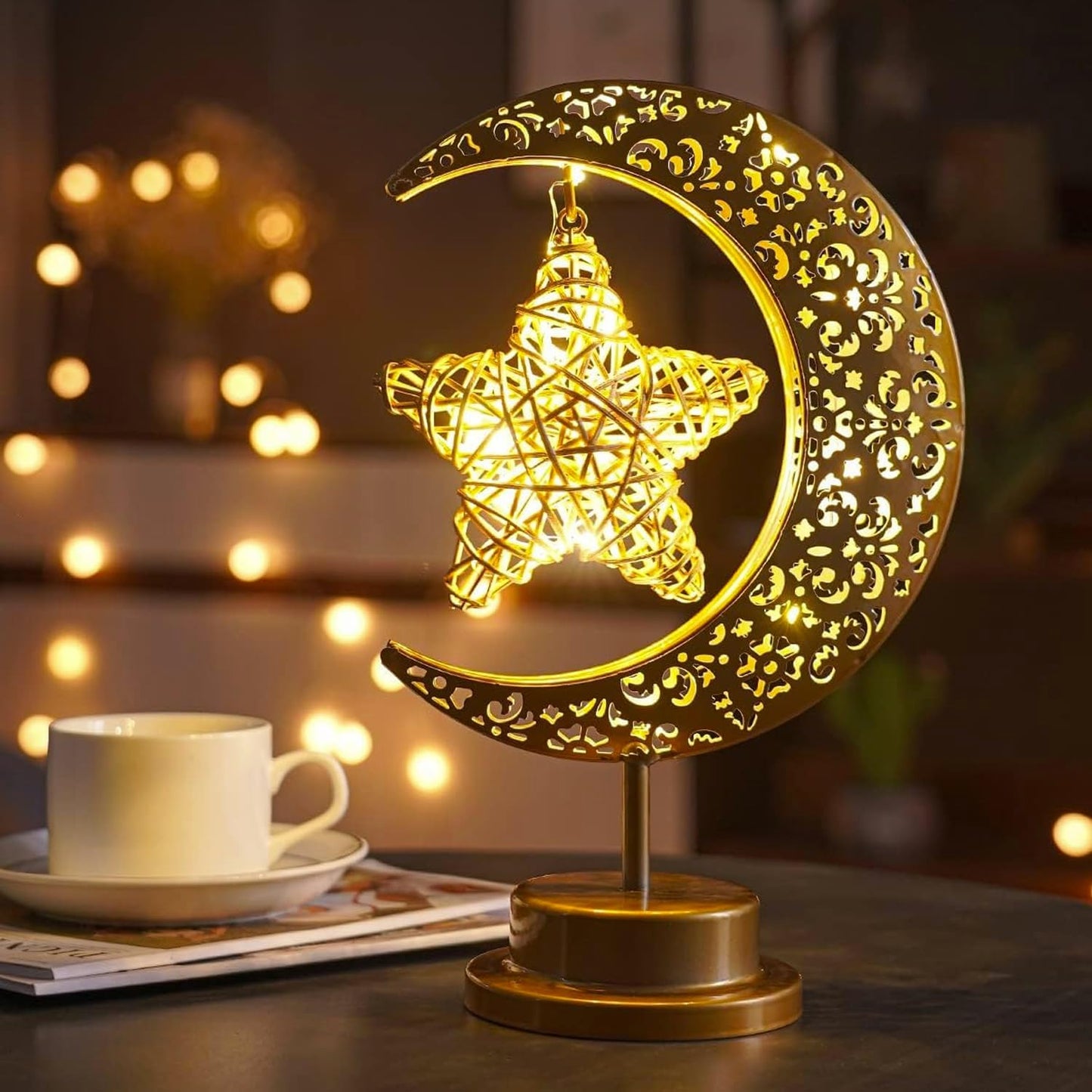 Lifnatty Ramadan Decorations Moon Lamp, Ramadan Decor for Home, Eid Mubarak Decorations, Ramadan Eid Gifts, Enchanted Lunar Table Lamp, Half Moon Lights, Battery Operated Moon Star Night Light