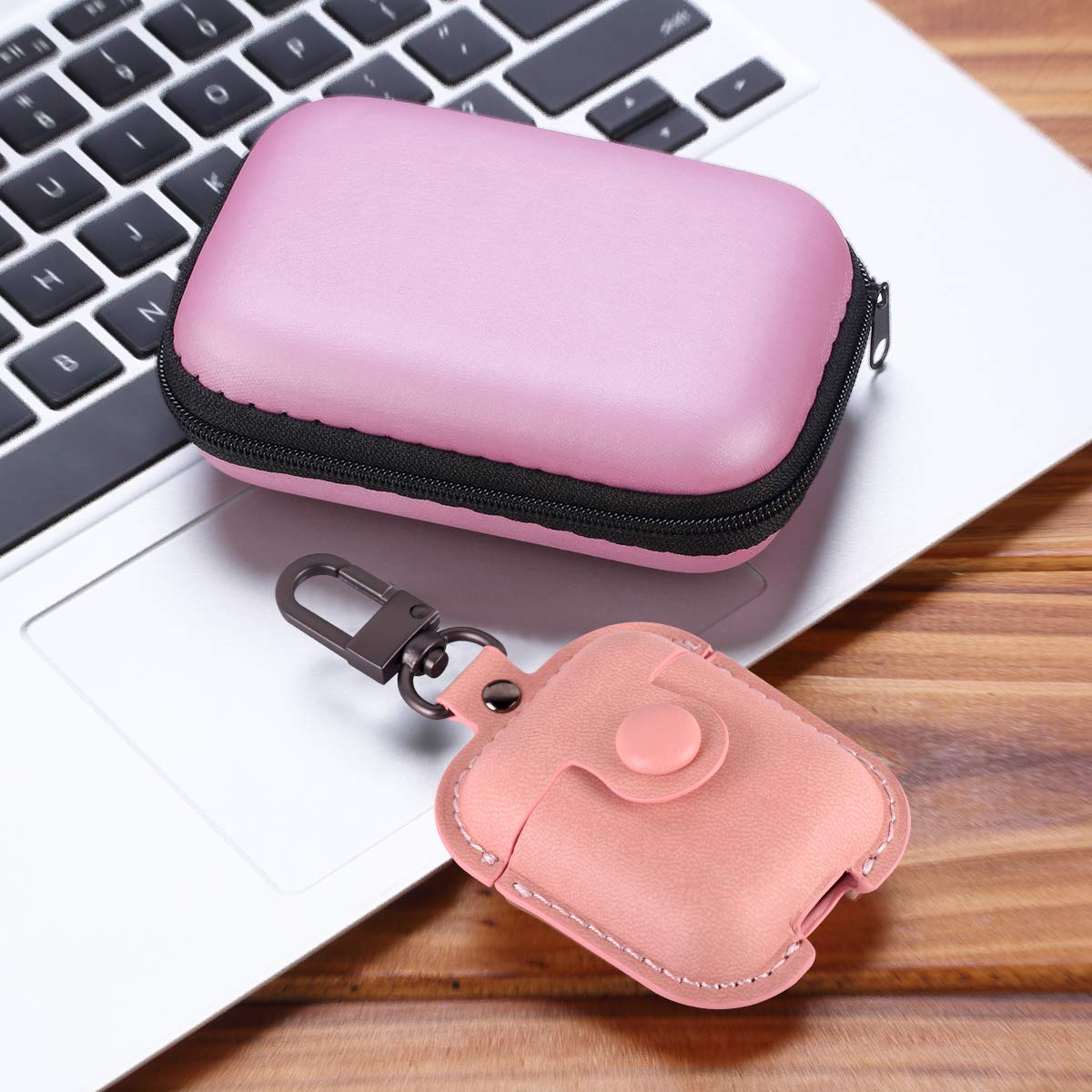 Maxjoy for AirPods 1/2 Case, Premium Leather Protective Cover for AirPods 1st & 2nd Generation with Keychain, Ear Hooks, Anti-Lost Strap and Watch Band Holder, Pink