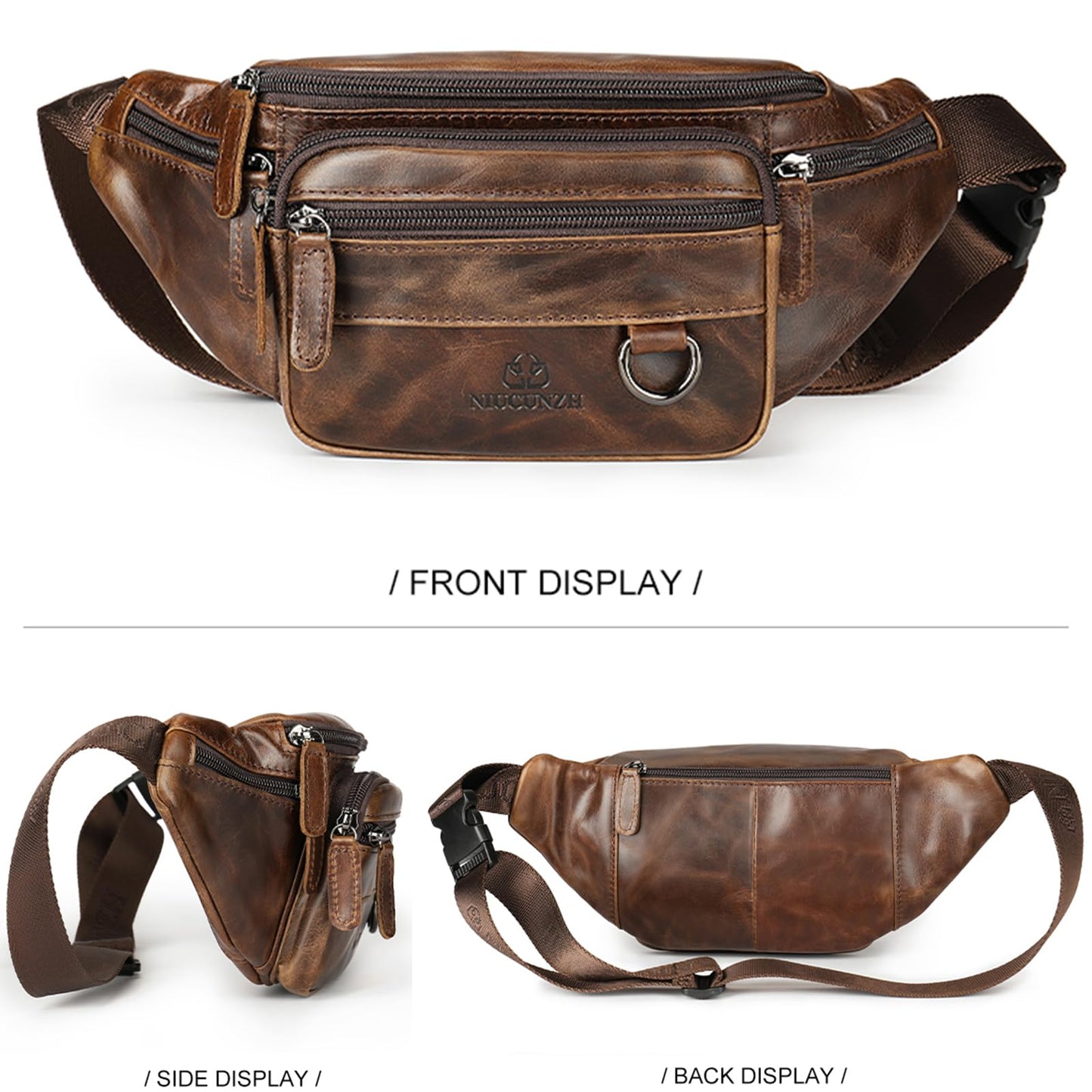 Genuine Leather Fanny Pack HandMade Durable cowhide Waist Bag Lots of Anti-theft zipper pocket Waxed Brown