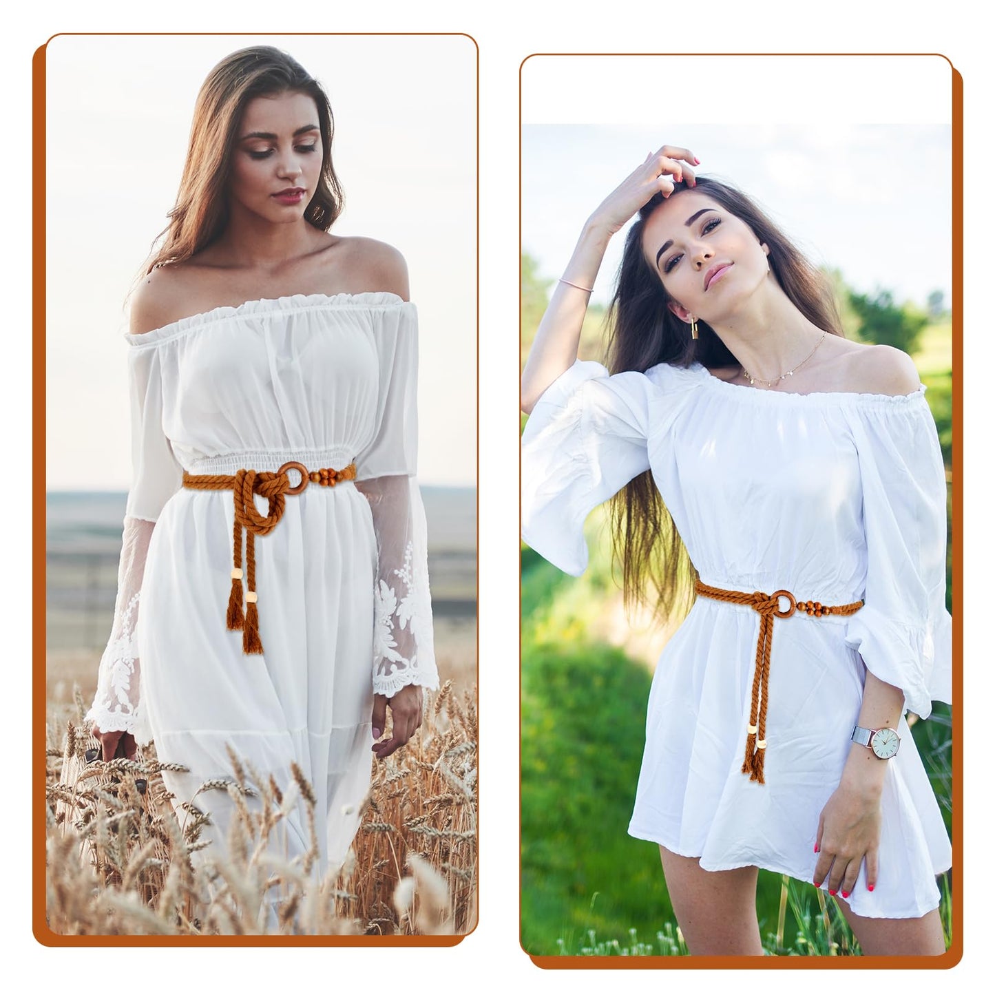 TIESOME Women's Tassel Braided Waist Belt, Skinny Woven Belt for Dress Waist Belt Rope Chain with Woven Wooden Beads for Women Girls Godness (Brown)