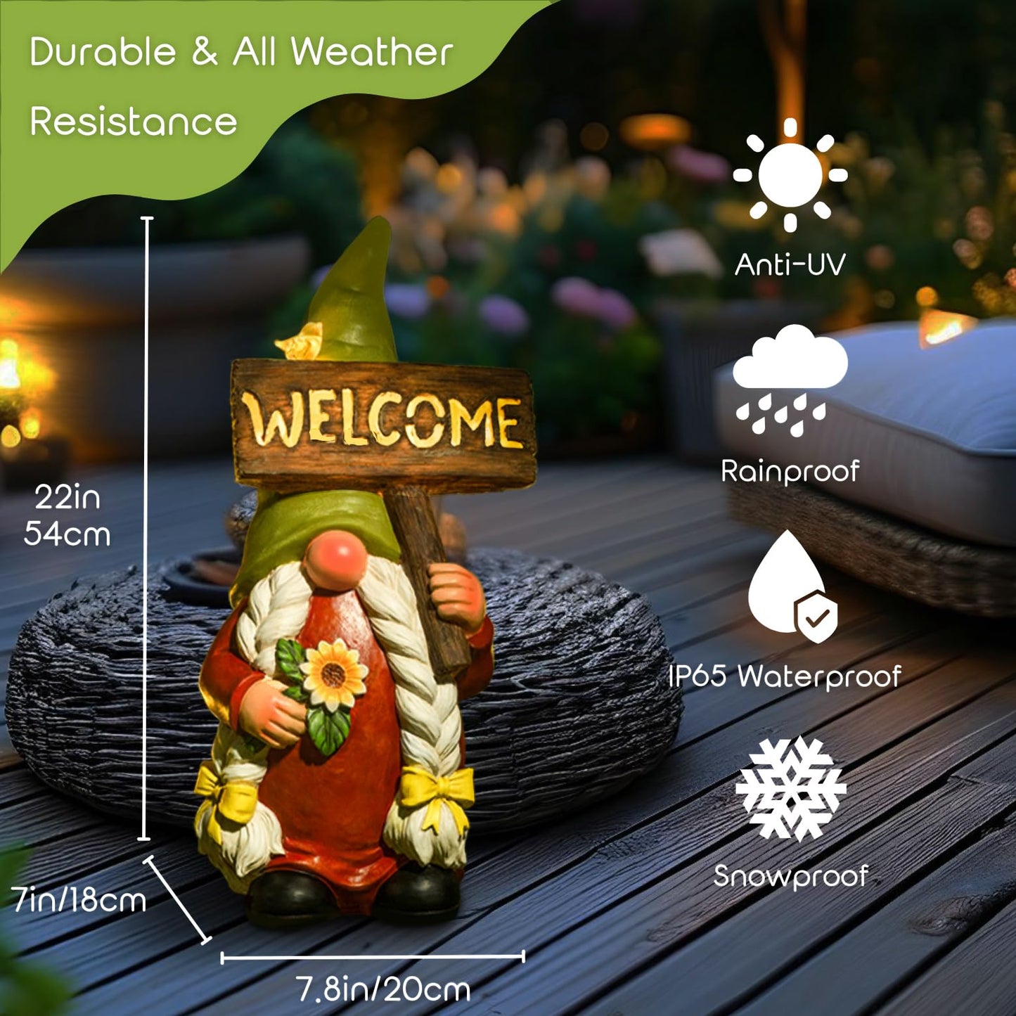 WONDHOME 22" Solar Large Gnome Lady Garden Statue Big Female Gnome with Welcome Sign Outdoor Decor with LED Lights Home Porch Yard Patio Lawn Ornament Christmas Housewarming Gardening Gift