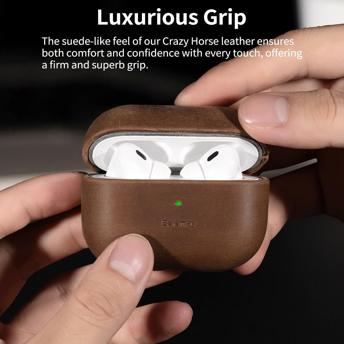 Belemay for AirPods Pro (2nd Generation) Case – Premium Crazy Horse Leather - Rich Patina- Secure Grip - Compatible with MagSafe and Wireless Charging - Compatible with Airpods Pro 2 Case - Brown