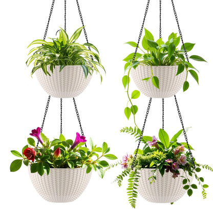 RooTrimmer Hanging Planters for Indoor Outdoor Plants 8/10 Inch, 4 Packs Plant Hanger with Drainage Holes, Hanging Basket Flower Pot Perfect for Home, Office and Garden,White