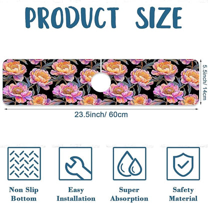 Colorful Peonies Sink Faucet Absorbing Mat Blooming Peonies Super Absorbent