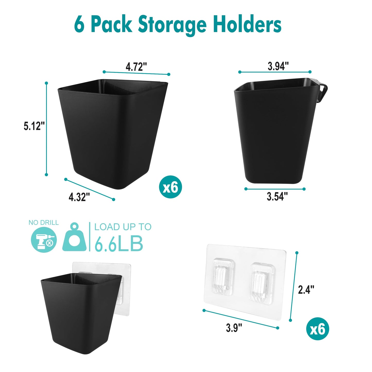 Wall Caddy Pen Holders, 6 Pack Large Pencil Cups Organizer for Marker / Remote / Crayon / White Board Accessories, with Adhesive Stickers, Office Home Craft Class Kids Room Art Organization (Black)