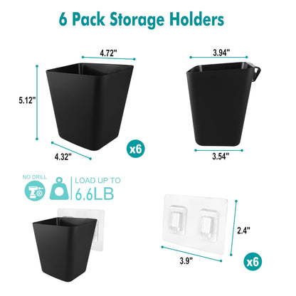 Wall Caddy Pen Holders, 6 Pack Large Pencil Cups Organizer for Marker / Remote / Crayon / White Board Accessories, with Adhesive Stickers, Office Home Craft Class Kids Room Art Organization (Black)
