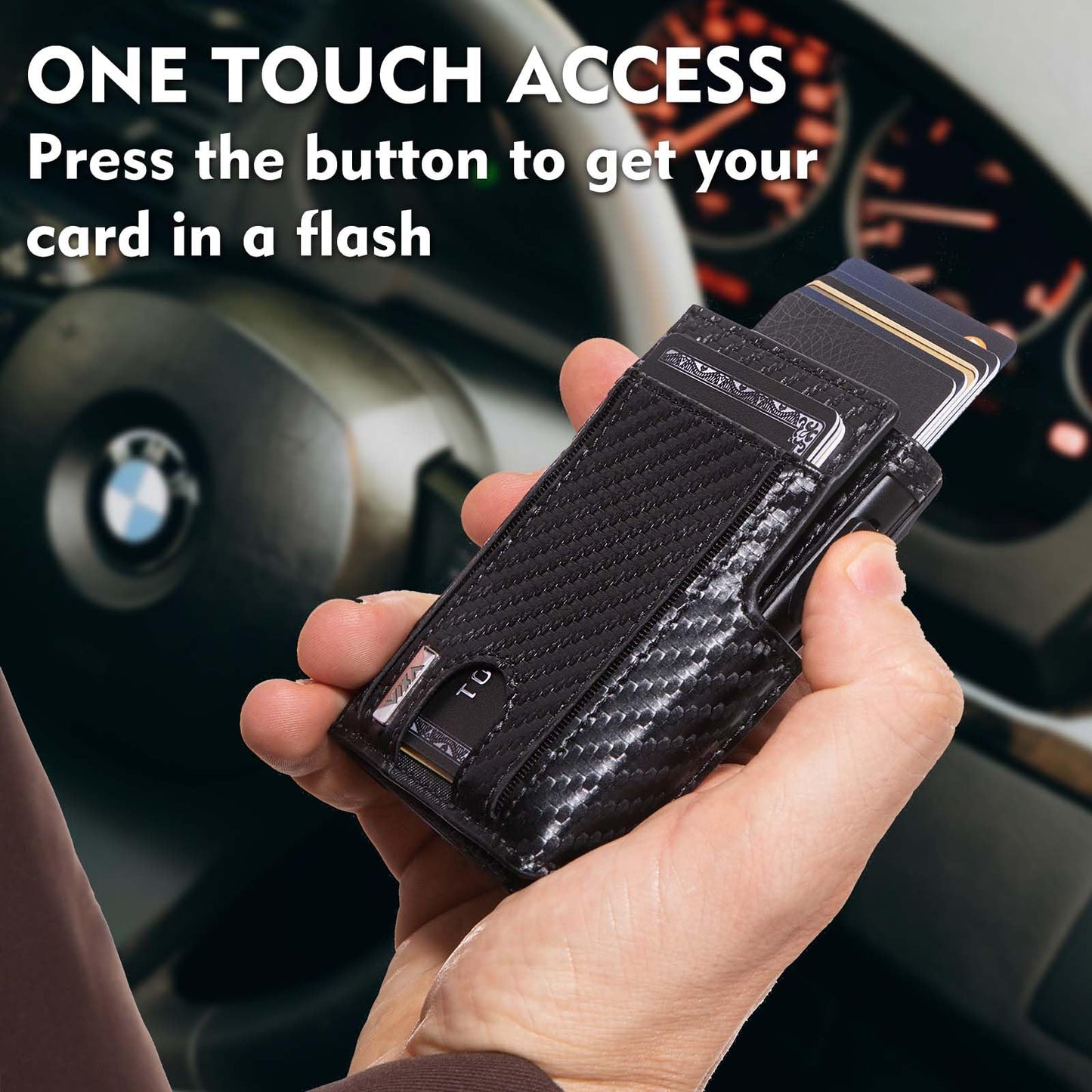 WXM Wallet for Men Pop Up Card Holder ID Window RFID Slim Wallet with Money Clip for 10-15 Cards Stretchable Credit Card Slot Magnetic Closure Compact Metal with Gift Box(Carbon Black)