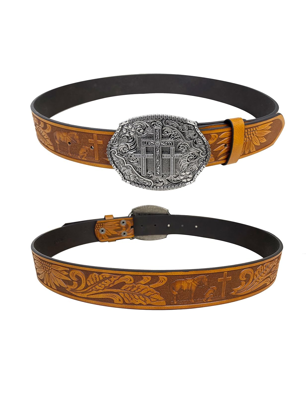 TOPACC Western Belts for Woman Men Cross Belt Buckle Cowgirl Cowboy Brown Leather Country Belt for Jeans Pants