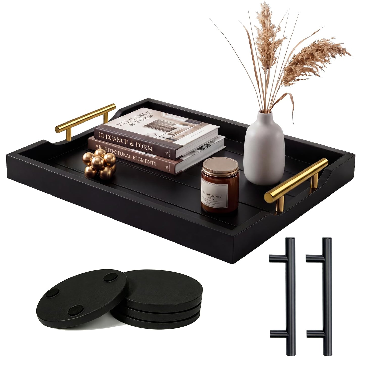 ComfyTune Wood Serving Tray with Metal Handles, 17x13in Large Wooden Tray for Ottoman, Coffee Table, Breakfast, Dinner & Bar, Decorative Tray for Living Room, Bedroom, Bathroom and Kitchen, Black