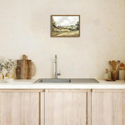 Framed Vintage Canvas Wall Art, Cottage Landscape Wall Decor Paintings, Rustic Farmhouse Pictures Prints Aesthetic Home Decor for Living Room Bedroom Bathroom 12x16 inch
