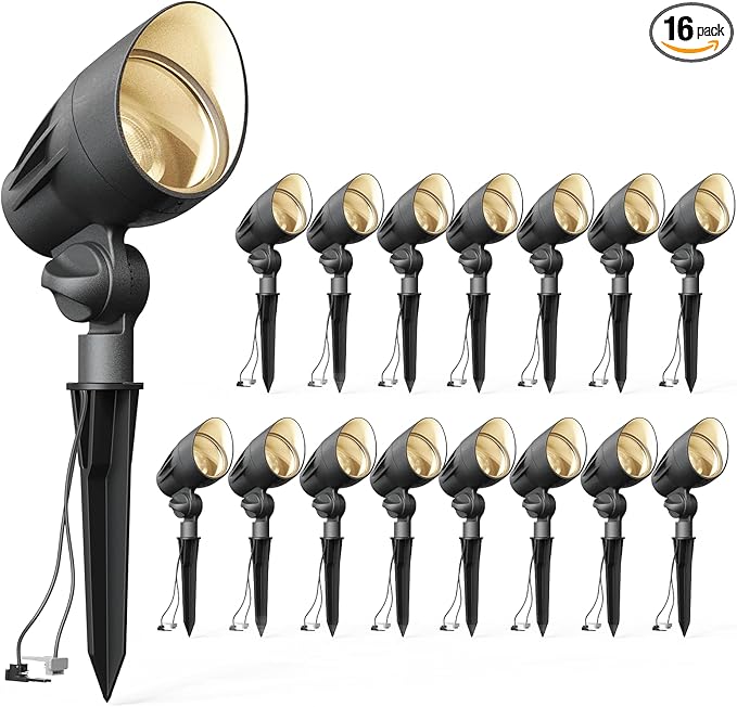 VENUS MANUFACTURING 16 Pack Low Voltage Landscape Flood Light 5 Watt LED Outdoor Landscape Lighting Kits 400 Lumen Black Waterproof Spotlights 12V 2700K Warm White Metal Tree Lights for Garden & Yard