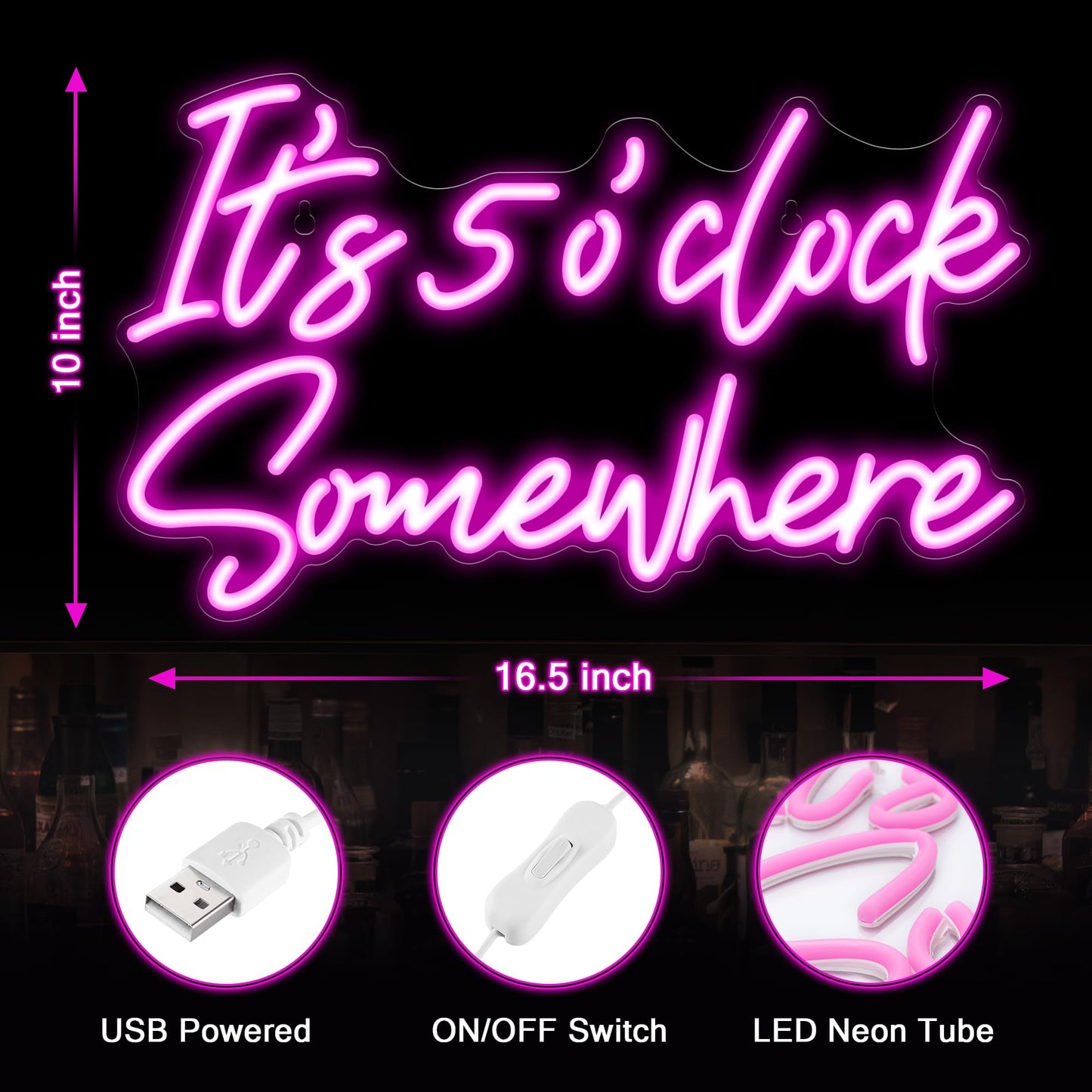 Kavaas Its 5 O'clock Somewhere Neon Sign, Neon Bar Signs for Home Bar Decor, Man Cave Pub Party - Best Gifts for Husband, Father, Birthday, Christmas