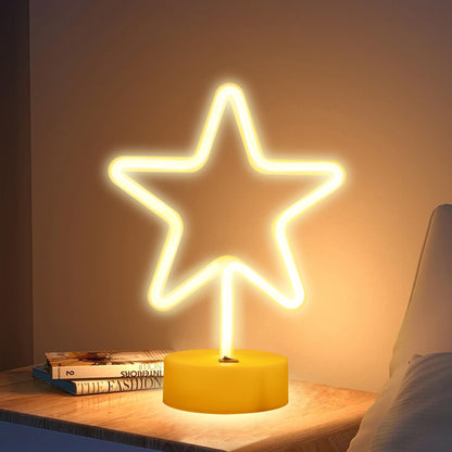 ENUOLI Warm White Star Shaped LED Neon Light Lamp with Base Battery Operated USB Powered LED Star Neon Sign Home Christmas Decoration Lights for Home Hotel Bedroom Store Decoration Night Light
