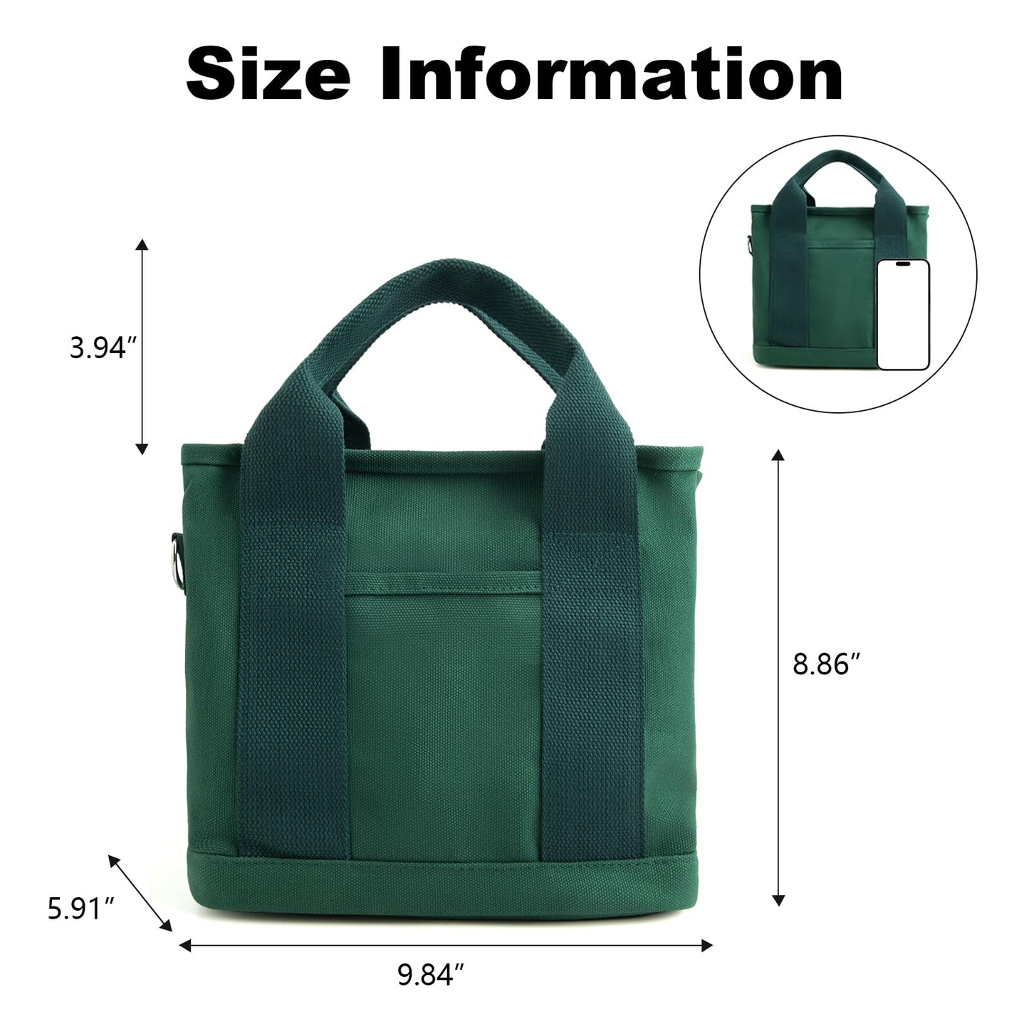 IwIeIaIrI Small Tote Bag for Women,Canvas Mini Tote Bags with Zipper and Multi Pockets,Crossbody Bag Shoulder Bag,Kids,Girls,Friends Gift(Dark Green)