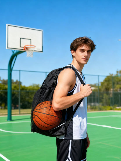 SSZYace Drawstring Basketball Backpack for Boys, Foldable Soccer Backpack with Detachable Ball Mesh Bag for Football Volleyball Baseball, Black