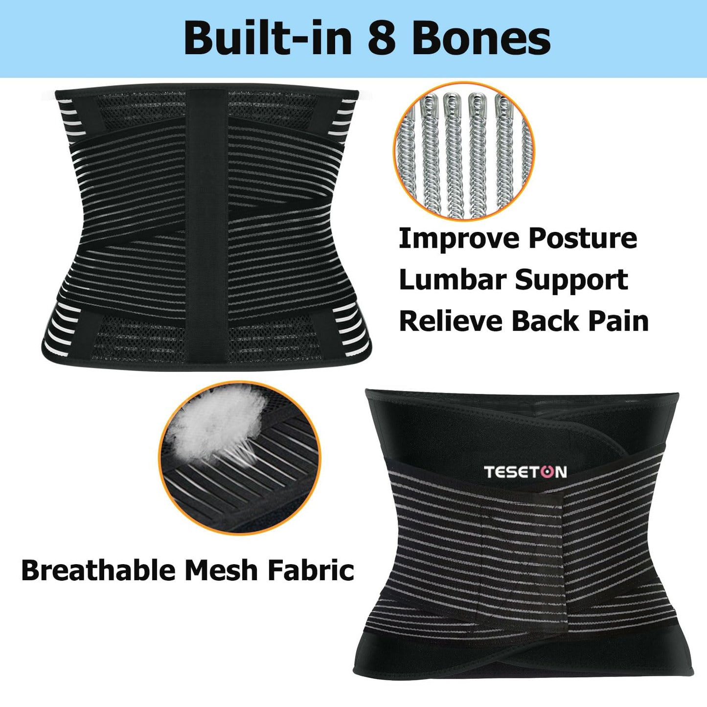 TESETON Back Brace for Men and Women, Back Support Belt Relief Lower Back Pain Herniated Disc, Sciatica, Scoliosis, Breathable Mesh, Lumbar Support Belt with 8 reinforced Bones 02 Black-M