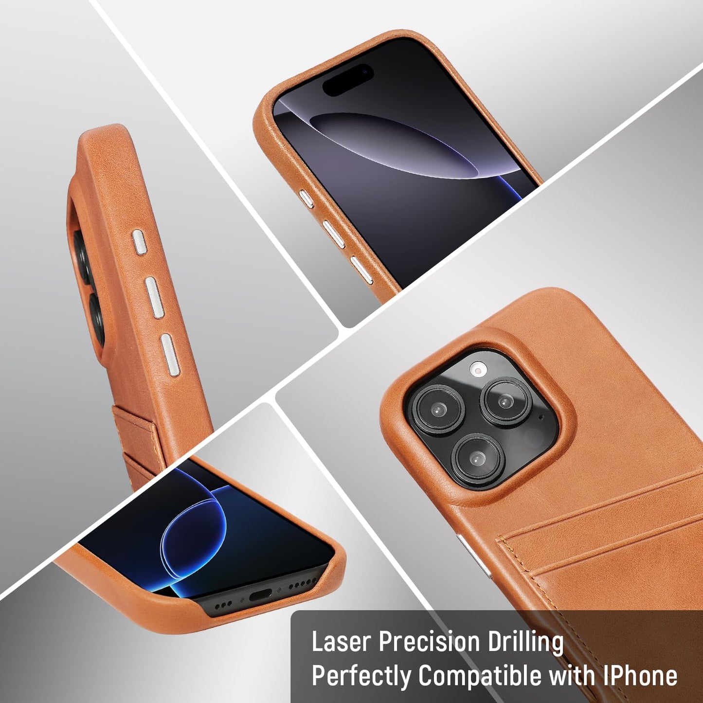 LUCKYCOIN 100% Genuine Leather Wallet Phone Case for iPhone 16 Pro, Slim Design with Card Holder, Shockproof Protective Cover, Microfiber Lining & Metal Buttons, for Men and Women, Tan