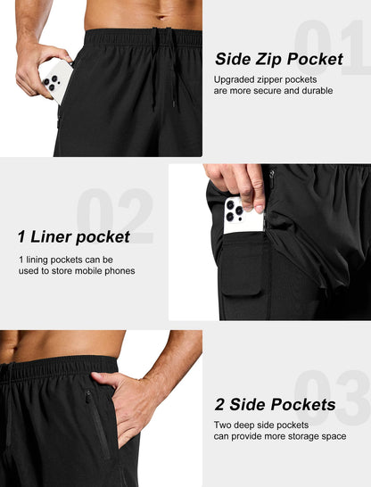 SILKWORLD Men's 7" Running Shorts Quick Dry Athletic Workout Gym Shorts with Zipper Pockets, Black, Large