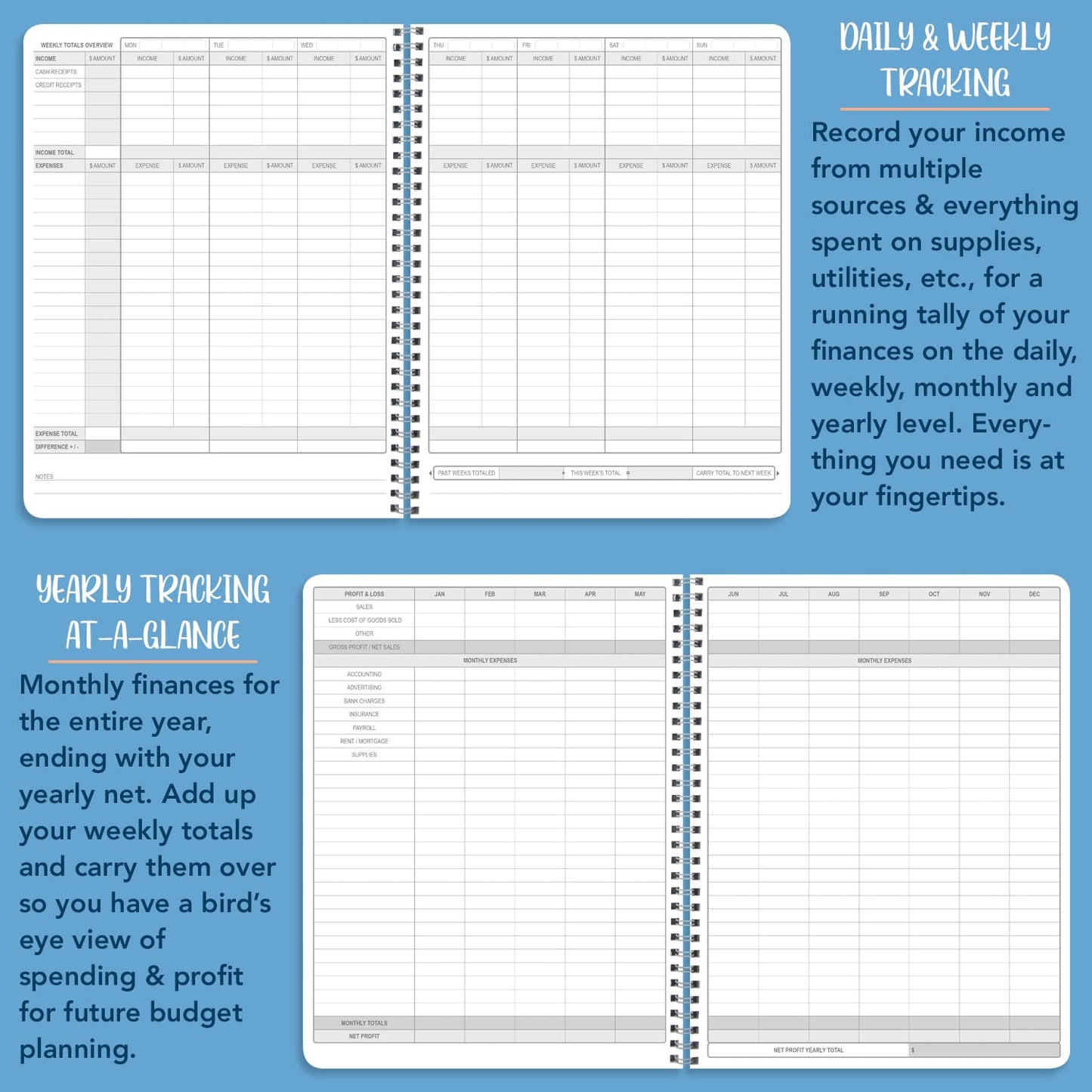 BookFactory Income and Expense Log Book/Tracker/Small Business Ledger Book/Accounting & Bookkeeping Ledger Log Book/LogBook 108 Pages - 8.5'' x 11'' Wire-O (Made in USA)