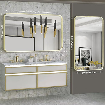 Gold Metal Framed Bathroom Mirror for Wall, Large Brushed Gold Rounded Corner Rectangular Bathroom Vanity Mirror, Anti-Rust, Tempered Glass, Hangs Horizontally or Vertically (30" x 55", Gold)
