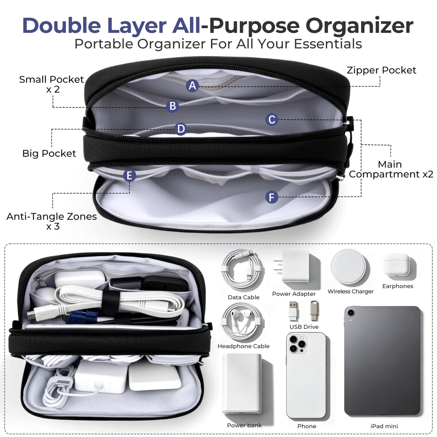 Skycase Travel Cable Organizer - Lightweight Water Resistant Dual-Layer Tech Pouch with Wrist Strap 11 Compartments Electronic Organizer Travel Case for Charger Cord Hard Drive,Large,Black