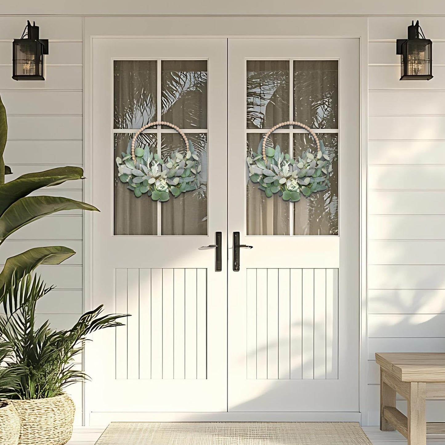 TEMPUS 2Pcs 16" Artificial Eucalyptus Wreaths - Handmade Wooden Bead & Lamb's Ear Spring Wreaths for Front Door, Farmhouse Wall Decor, Holiday Party
