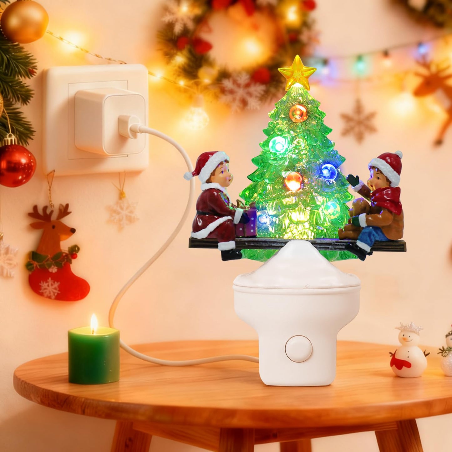 Yuxelulmai Christmas Tree Night Light Plug into Wall USB Portable Christmas Decorative Night Light Decoration for Kids Adults Bedroom Kitchen Living Room Holiday Decor (Children Seesaw)