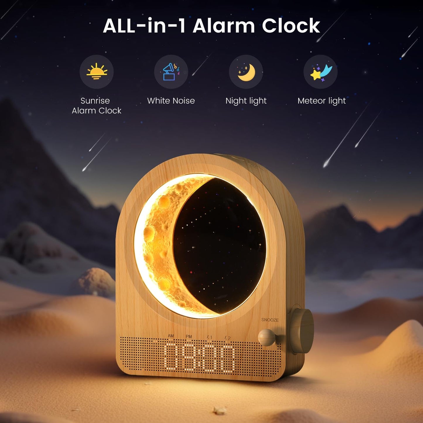 Epochleno Sunrise Alarm Clock, White Noise Machine & Meteor Moonlight - 10 Soothing Sounds, Dual Alarms, 30/60/90min Timer, Easy Snooze - Bedroom Gift for Insomnia Adults/Women - Wood Grain