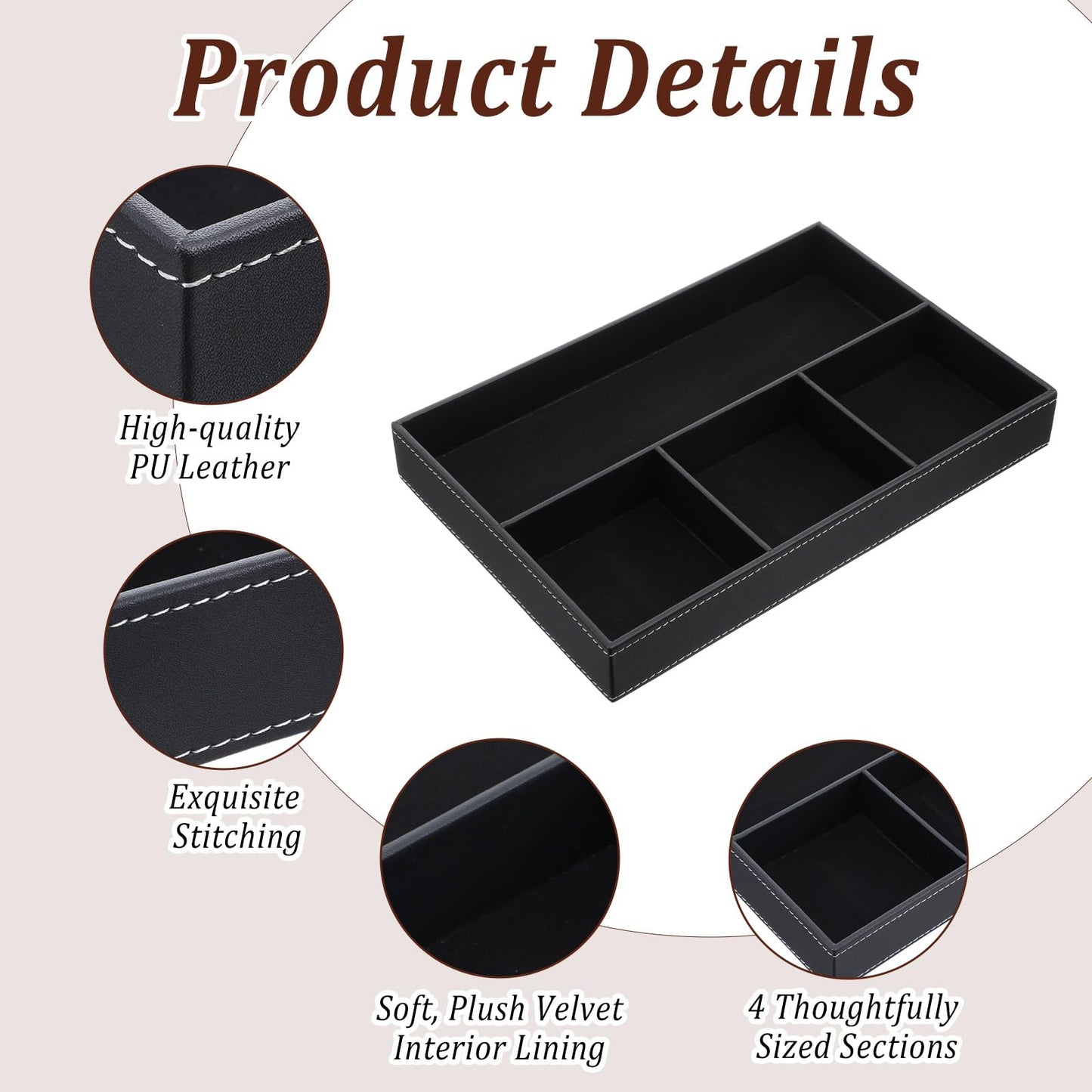 Kegeeei 2 Pack Leather Valet Tray for Men - Premium PU Leather Desk & Nightstand Organizer, Stackable Storage Tray for Keys, Wallet, Watch, Phone, Jewelry in Black & Brown