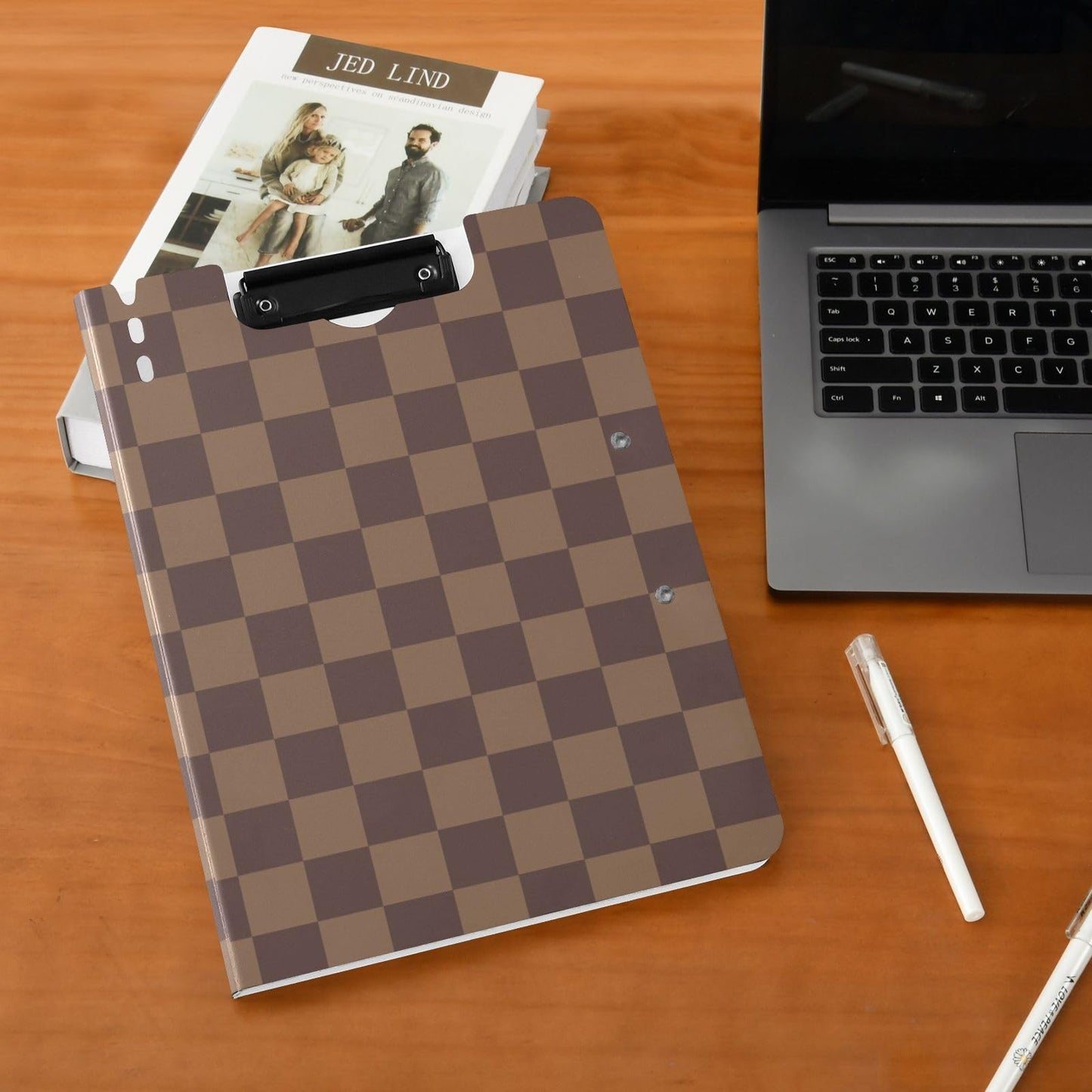 Brown Checkerboard Foldable Clipboard A4 Clipboard Folder with Binders Pen Holder 360° Cover Flip for Work Office Supplies