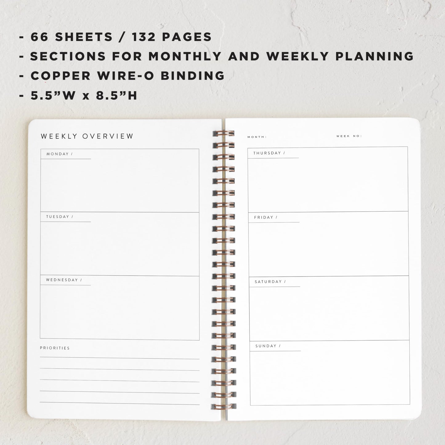 Minted Campania 2026 Weekly & Monthly Undated Planner, 5.5" x 8.5" Yellow Stripe Spiral Bound Planner Notebook, 132 Pages, Bright Modern Undated Calendar for Office, Home & School