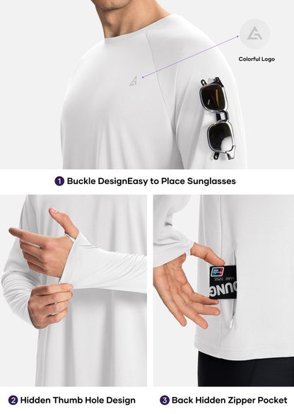 Men’s Sun Protection Shirts UPF 50+ Long Sleeve UV Shirt Rash Guard for Men Quick Dry Swim Fishing Beach Athletic White