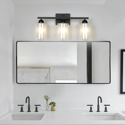 Matte Black Bathroom Vanity Light Over Mirror, 3 Light Bathroom Light Fixtures with Milk Glass and Clear Glass Shades, Modern Vanity Lighting Wall Mount