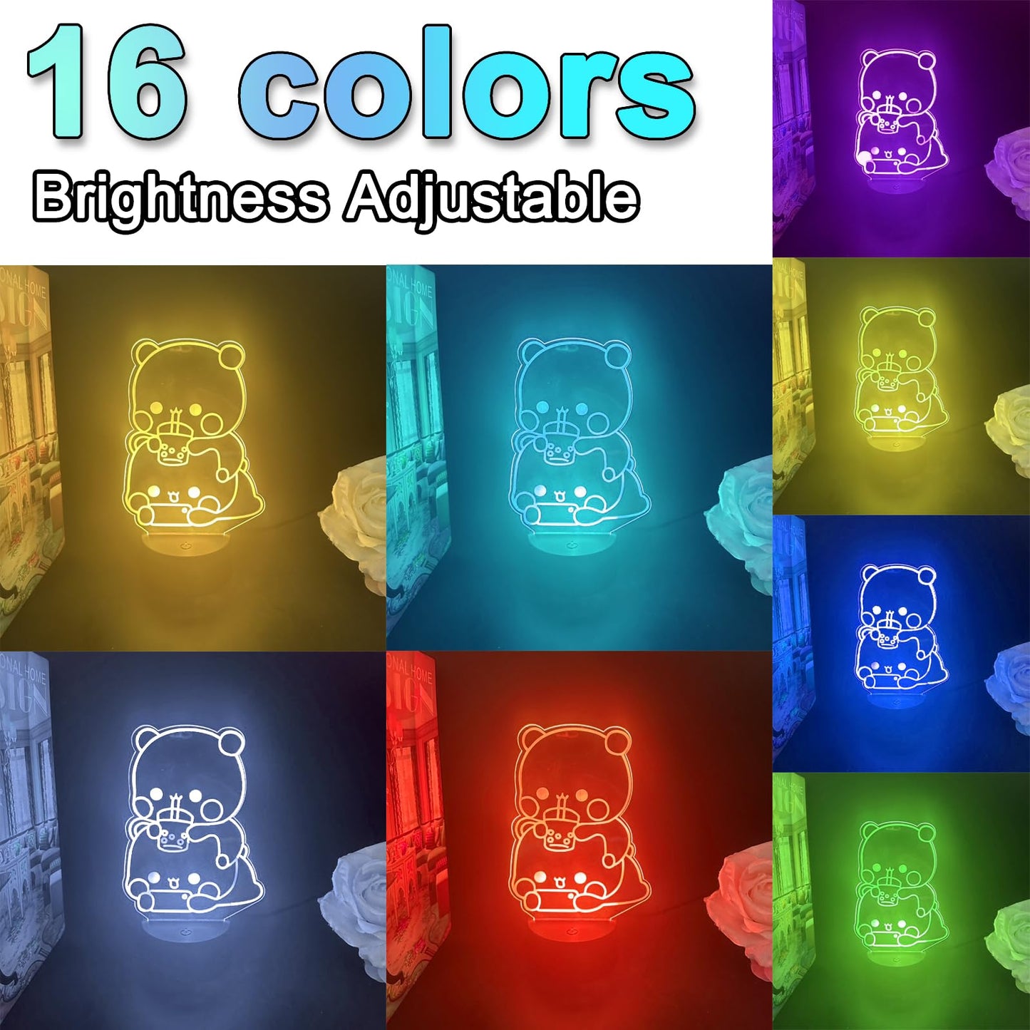 orakoliya 3D Night Light Bubuuu and Duduuu Gifts, Bear Shaped Table Lamp with Remote Control Gifts for Girls Birthday Christmas Valentine