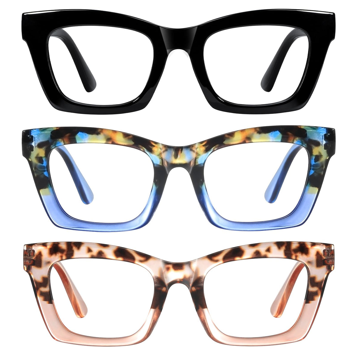 resjok Oprah Reading Glasses for Women-3Pack Blue Light Blocking Fashion Readers with Spring Hinge Computer Square Eyeglasses(Mix1, 1.75x)
