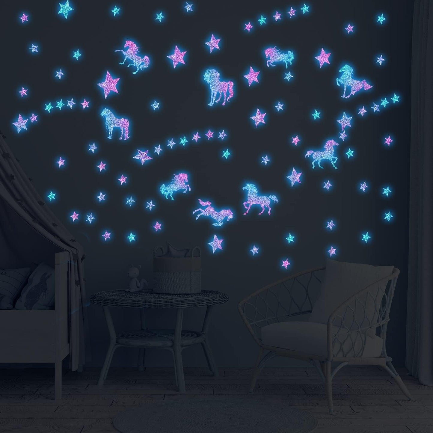 Glow in The Dark Unicorns Wall Decals Unicorns Star Wall Stickers for Baby Girls Bedroom Blue Luminous Glow Stars Ceiling Stickers for Baby, Birthday Present for Baby Boys