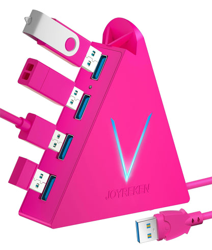 4-Port USB 3.0 Hub, FlyingVHUB Vertical Data USB Hub with 2 ft Extended Cable, for Mac, PC, Xbox One, PS4, PS5, iMac, Surface Pro, XPS, Laptop, Desktop, Flash Drive, Mobile HDD(Pink)