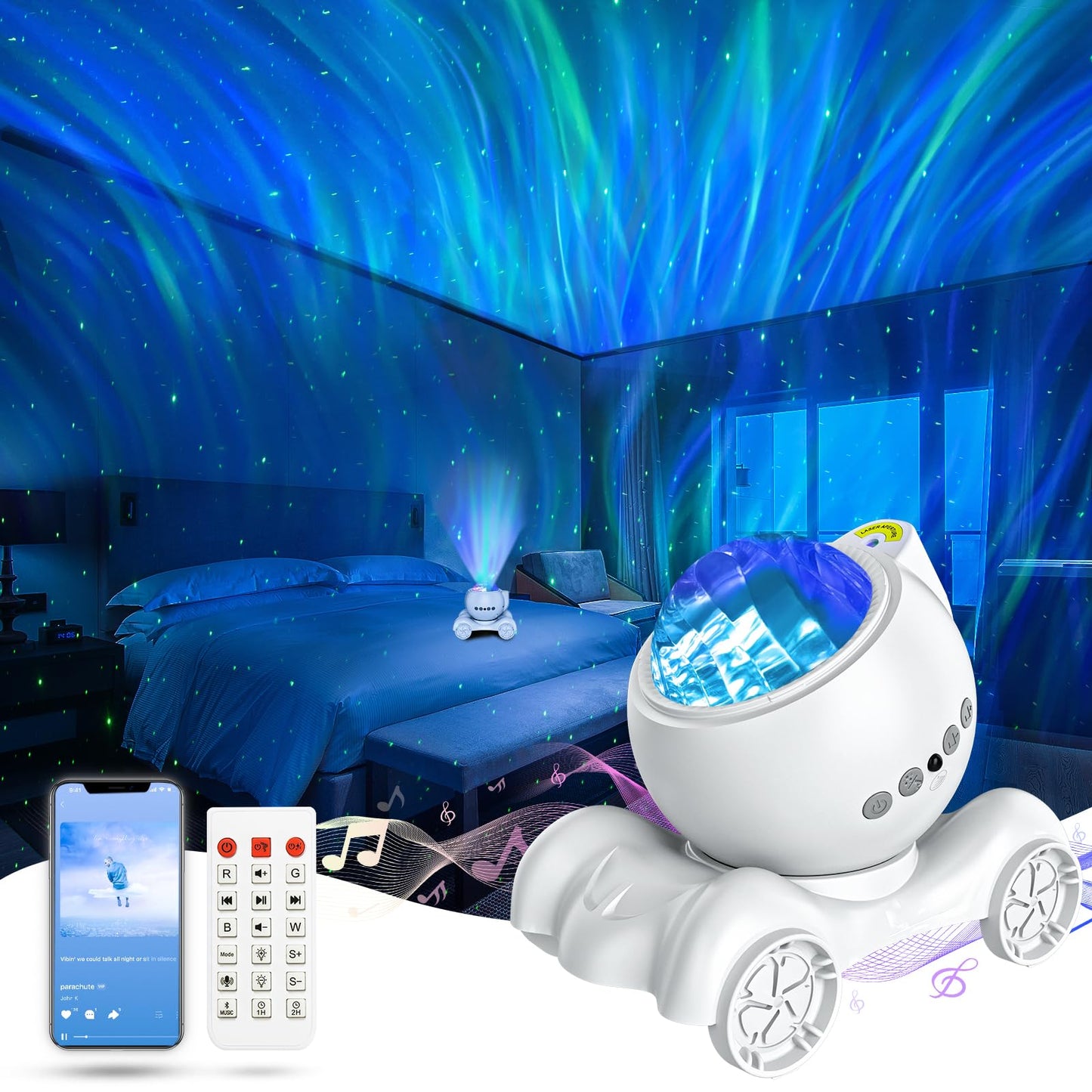 ENOKIK Northern Light Projector, Aurora Star Projector Built-in Bluetooth Speaker, White Noise Machine for Kids Adults, Galaxy Light for Bedroom/Ceiling/Party/Gift (White)
